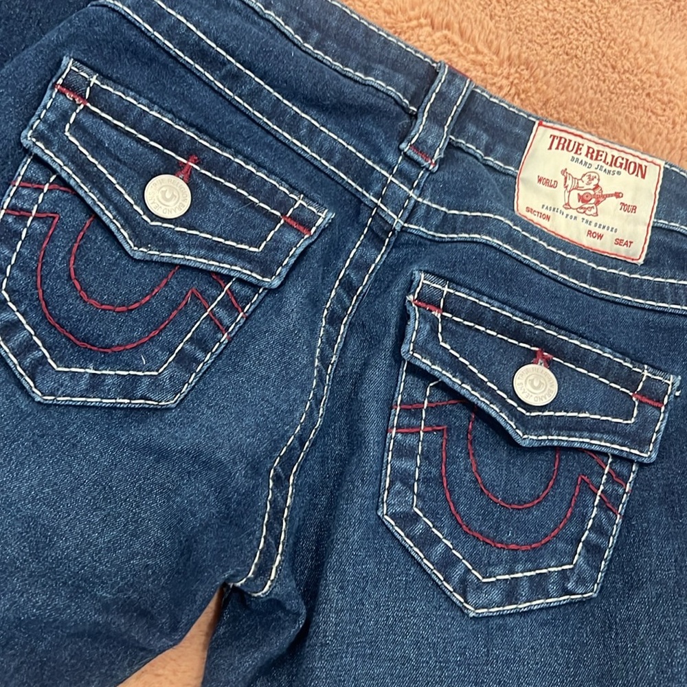 True Religion Dark Wash Becca mid rise bootcut jeans- red stitching- size 24